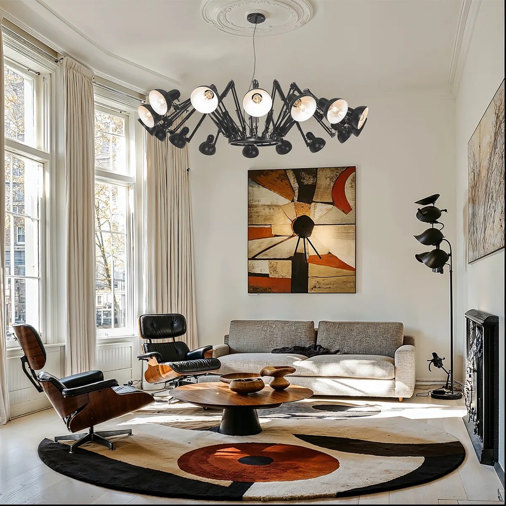 Priemyselné závesné svietidlo čierne 16-žiarovkové nastaviteľné - Hobby Spinne