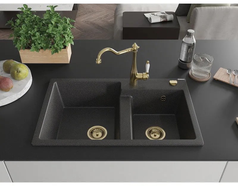 Mexen Tomas, granitový drez 800x500x190 mm, 2-komorový a drezová batéria Carla, čierna škvrnitá, 6516-76-670700-50