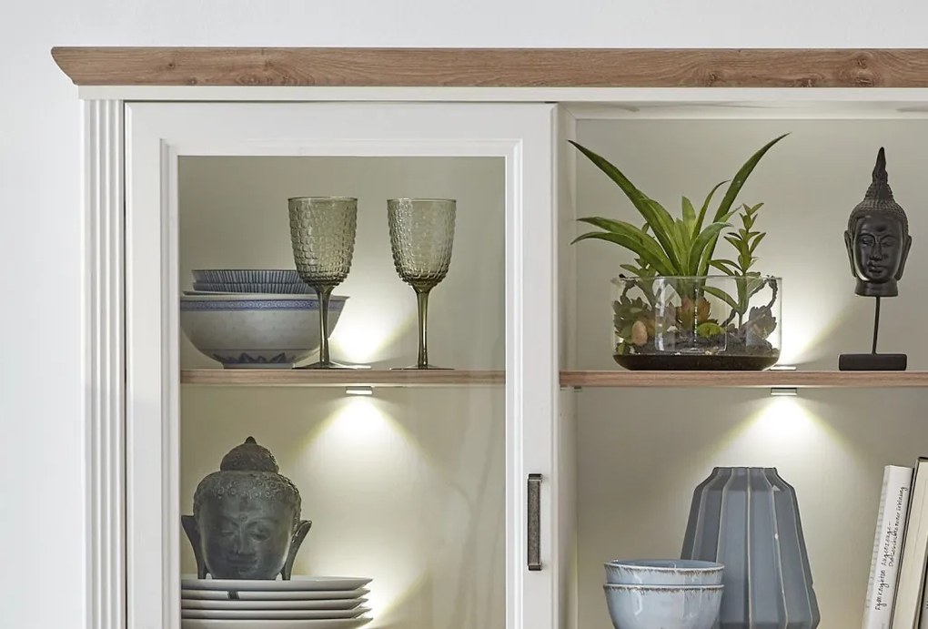 Nástavná vitrína s priehradkami Jasmin,bielená pínia/dub, s osvetlením