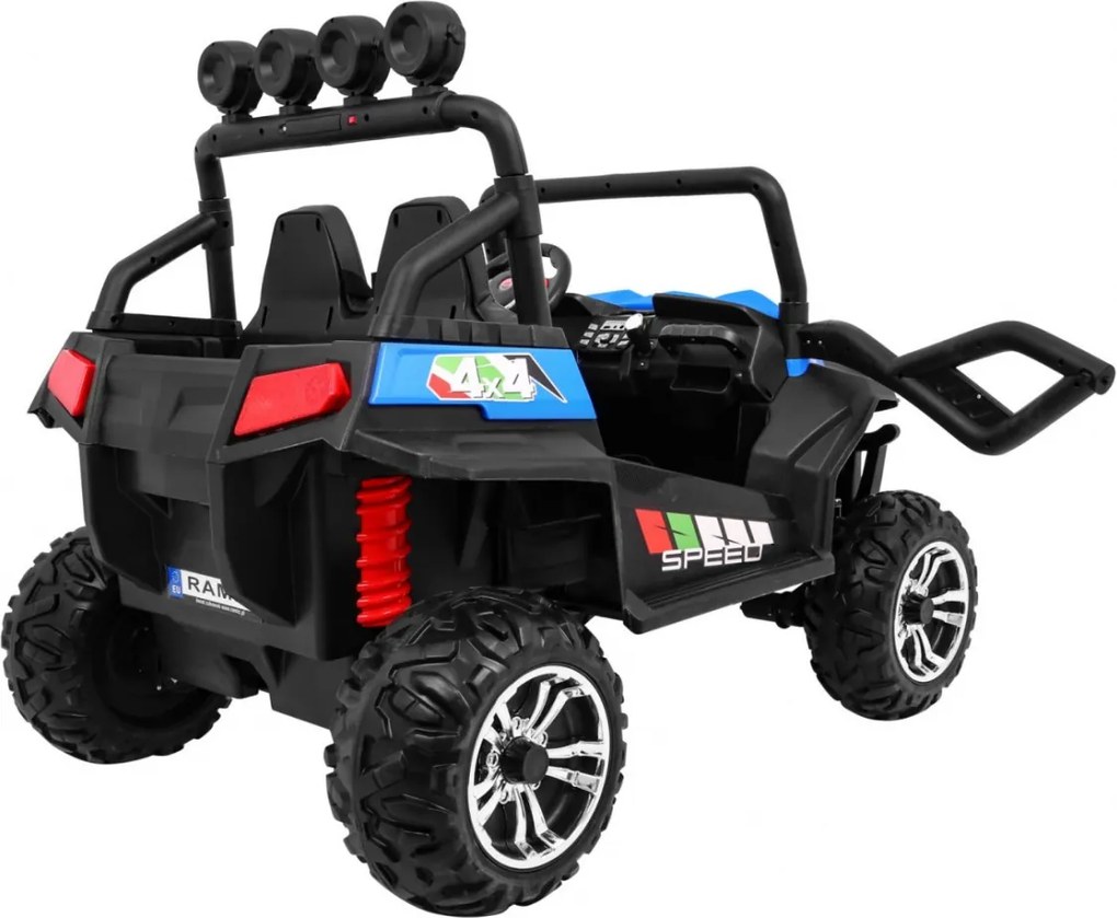 Ramiz Terénna bugina Strong pre deti modrá + pohon 4x4 + diaľkové ovládanie + nosič batožiny + rádio MP3 + LED