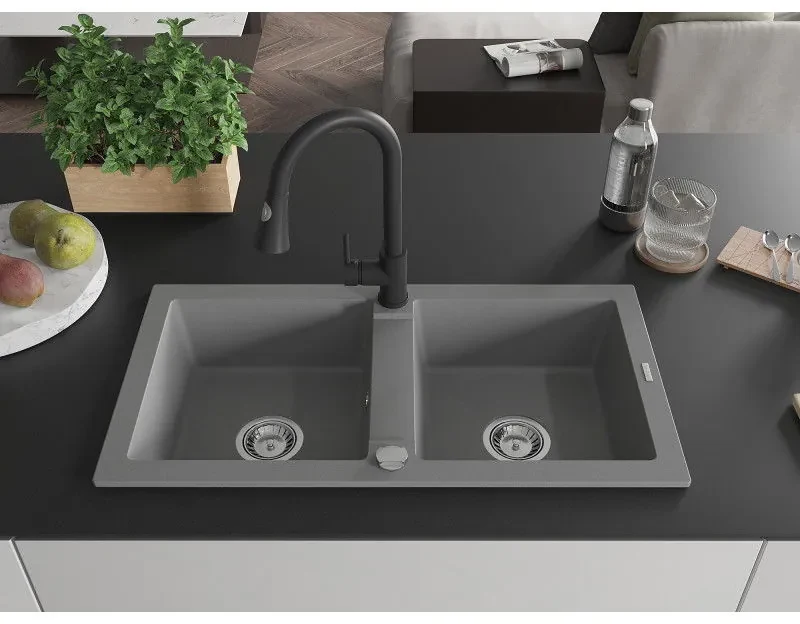 Mexen Mario, 2-komorový granitový drez 820x436x161 mm a drezová batéria Elia, šedá, 6504-71-670101-70