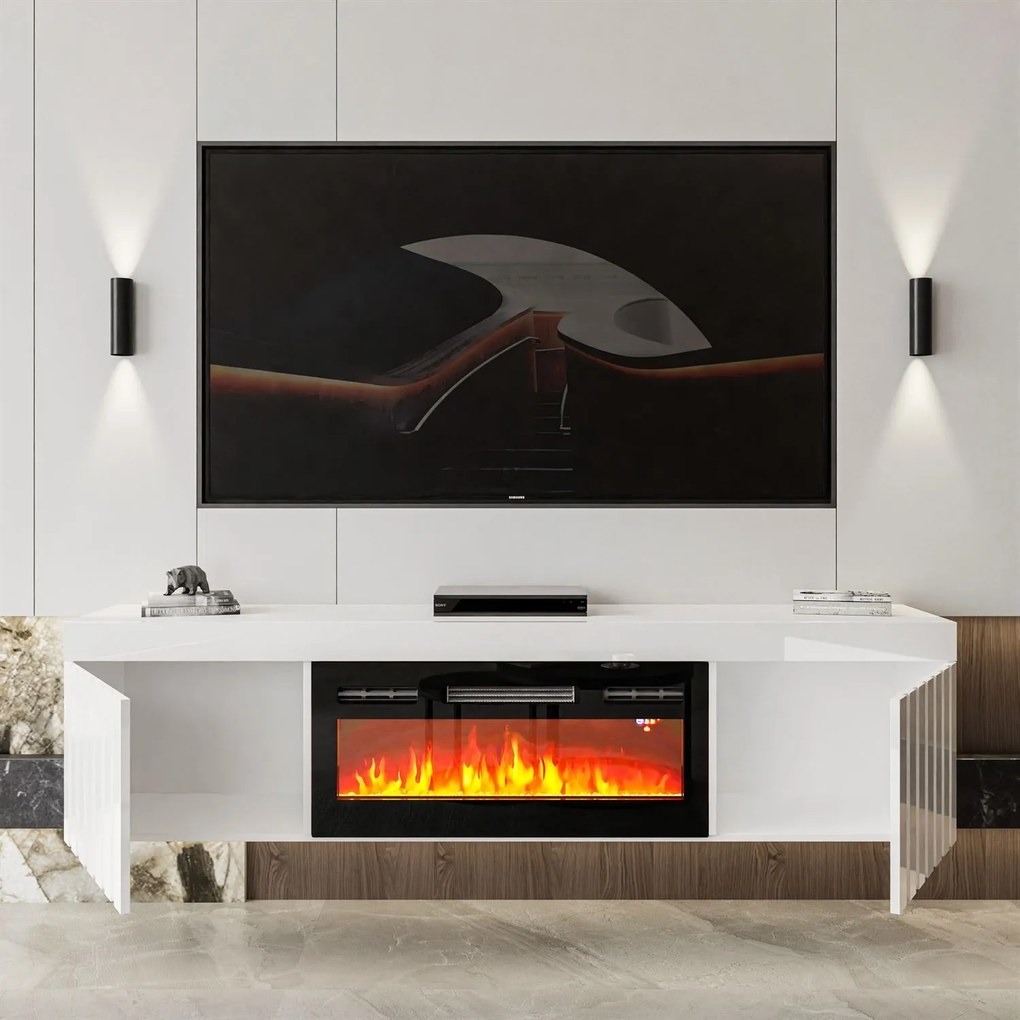 Luxusný TV stolík SANDRA biela s elektrickým krbom