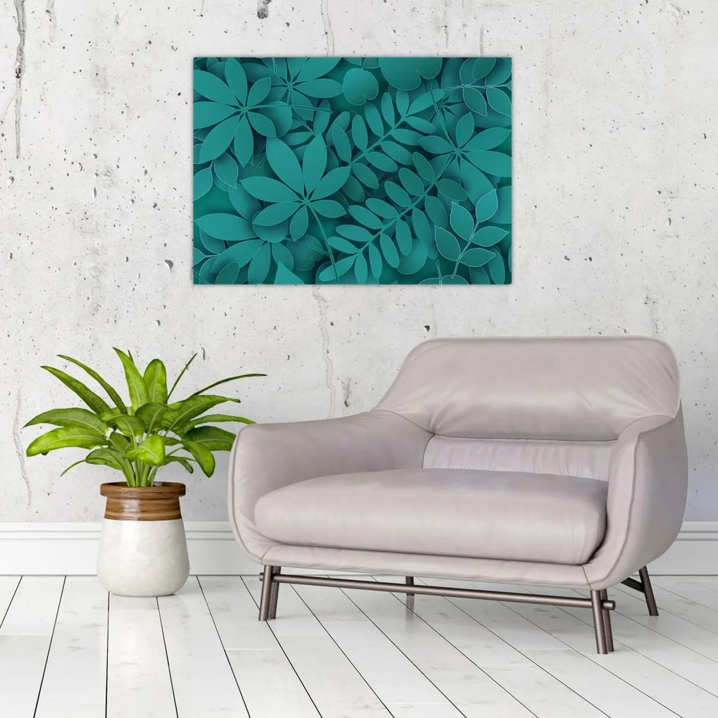 Sklenený obraz - Tyrkysové listy (70x50 cm)