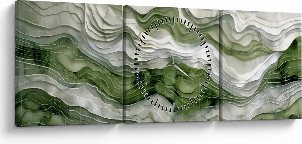 Obraz - Zelenobiele vlnky (s hodinami) (90x30 cm)
