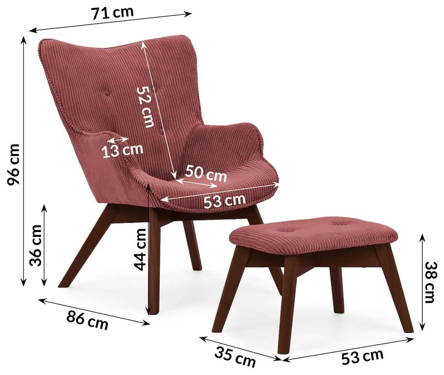 Červené menčestrové kreslo s podnožkou Niko – Ropez