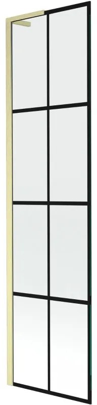 Mexen Next L, 1-krídlová vaňová zástena 50 x 150 cm, 6mm číre sklo-čierny vzor, zlatý matný profil, 895-050-000-03-77-55