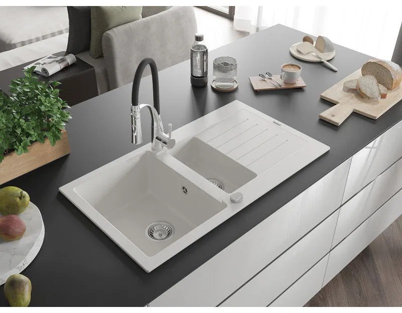 Mexen Matias, granitový drez 900x505x200 mm, 1,5-komorový a drezová batéria Aster, biela, 6502-20-73450-07