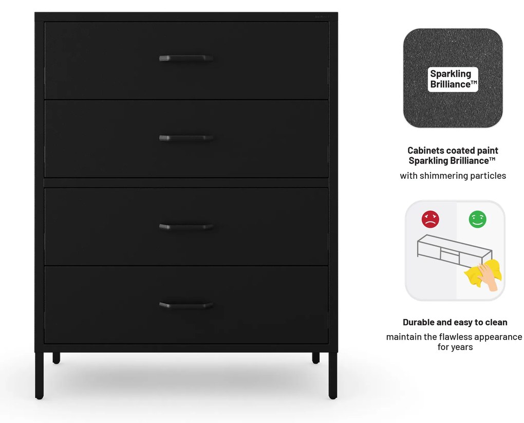 Čierna kovová komoda so zásuvkami na nožičkách CARLA Modern 800 x 1015 x 400 mm