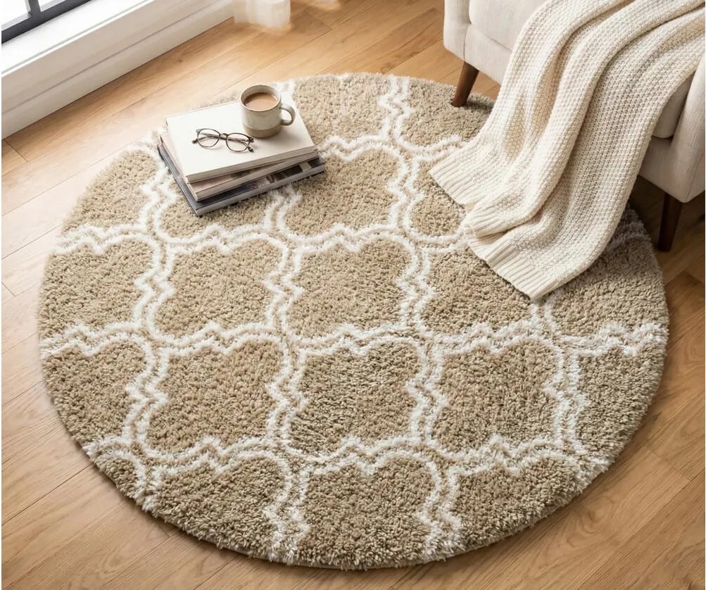 TZ Béžový okrúhly vzorovaný koberec shaggy Decor Latern Rozmer: 120 cm