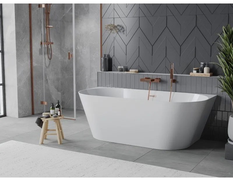 Mexen Oval Slim, voľne stojaca vaňa ku stene 170 x 80 cm, biela lesklá, medená matná prepad, 52661708000-65