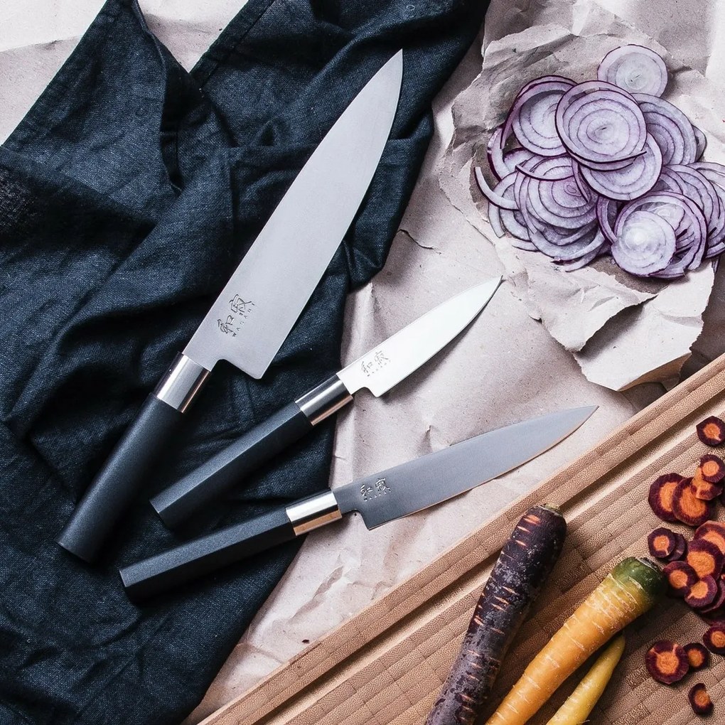 Kai Súprava 3 nožov Wasabi Black – univerzálny malý, univerzálny veľký a šéfkuchársky veľký