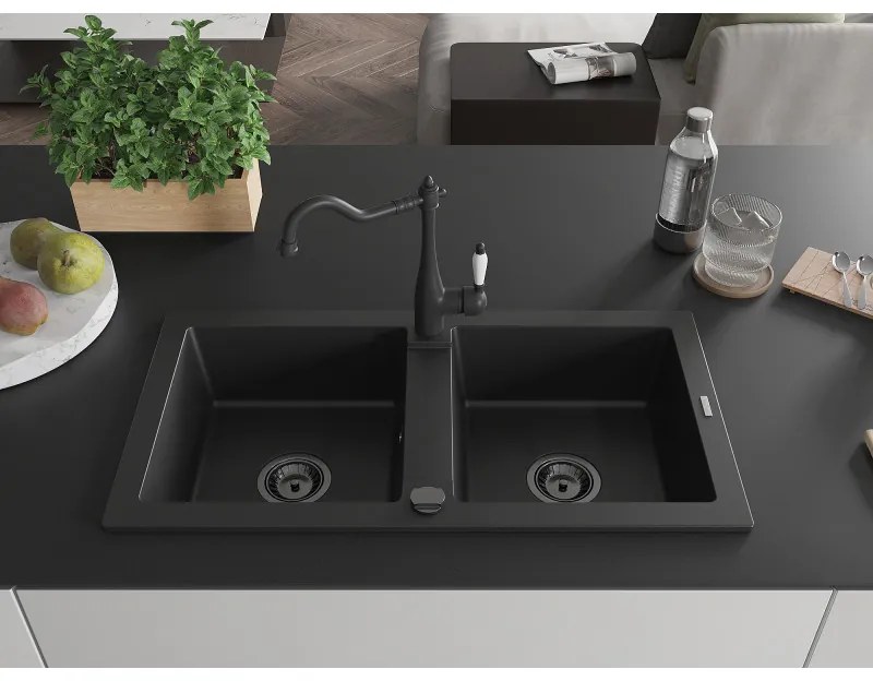 Mexen Mario, granitový drez 820x436x161 mm, 2-komorový a drezová batéria Carla, čierna, 6504-77-670700-70-B