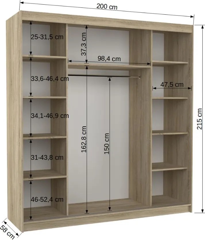 ŠATNÍKOVÁ SKRIŇA S POSUVNÝMI DVERAMI SVEZIA ČIERNA SO ZRKADLAMI 200 cm