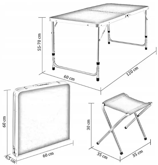 Kempingový stôl so 4 stoličkami v bielej farbe 120x60x70 cm