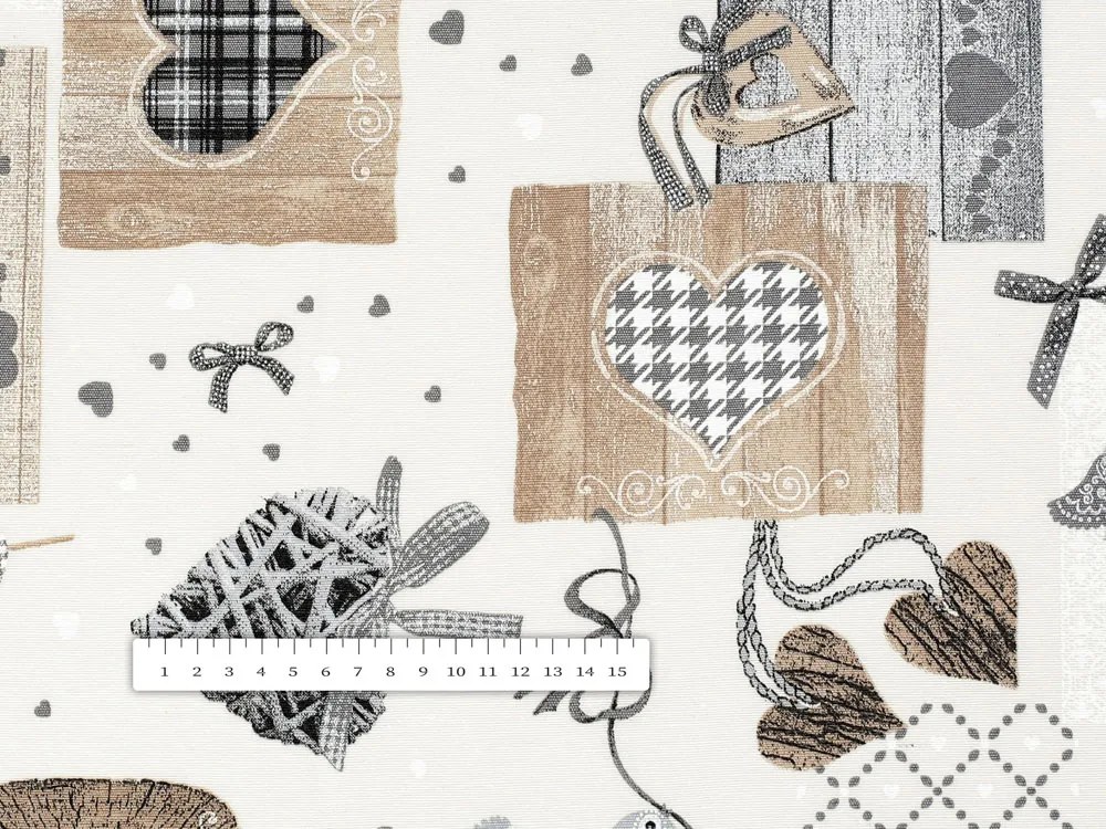 Biante Dekoračný záves Porto PRT-014 Hnedo-sivé srdiečka na krémovom - šírka 130 cm 130x220 cm