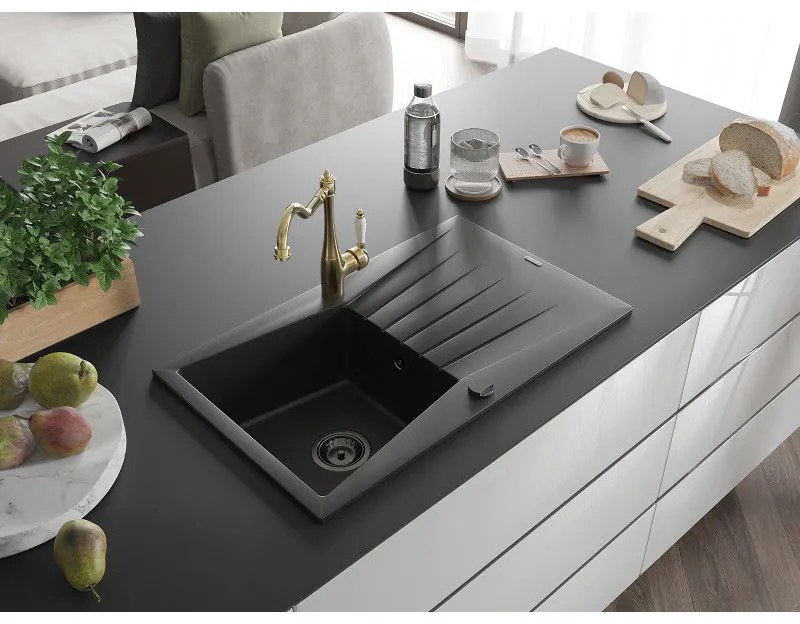 Mexen Cesar, 1-komorový granitový drez 775x470x190 mm a drezová batéria Carla, čierna, 6514-77-670700-50-B