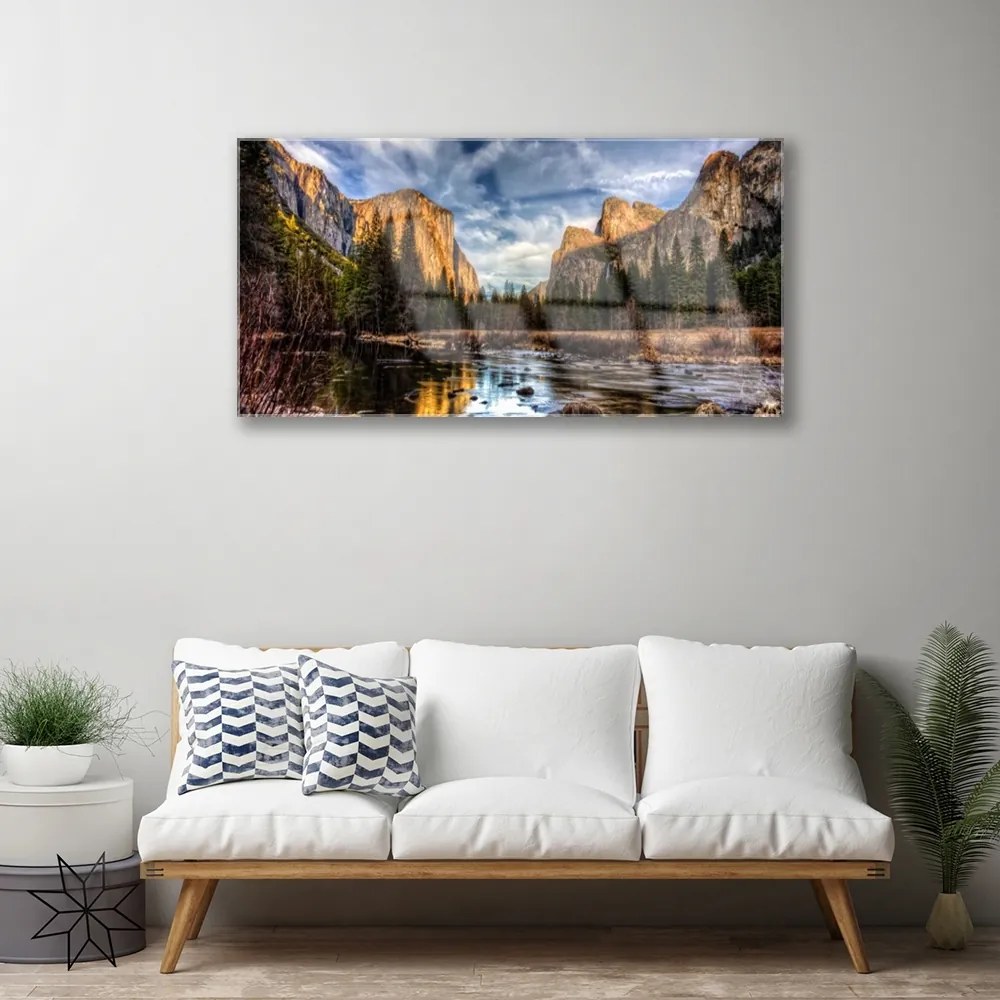 Obraz na akrylátovom skle Hora les jazero príroda 100x50 cm