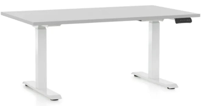 Výškovo nastaviteľný stôl OfficeTech D, 140 x 80 cm, biela podnož, svetlo sivá