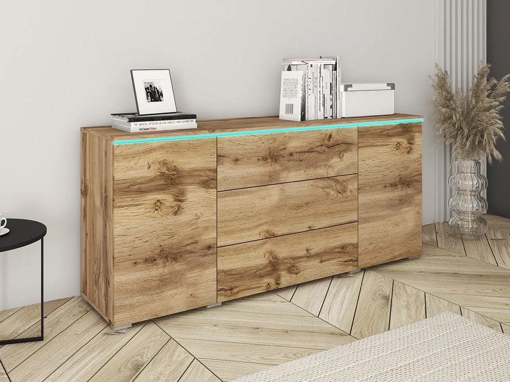 Komoda Sawoti 150, Farby: biela / biely lesk, Osvetlenie: osvetlenie LED biele