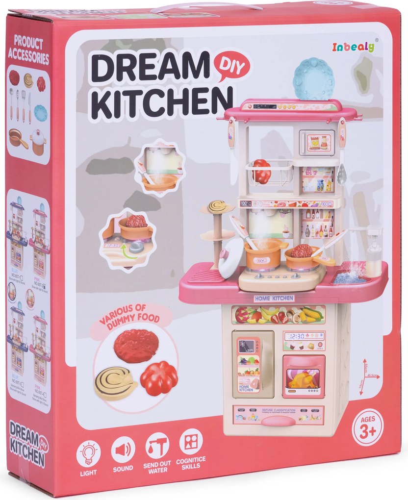 Detská kuchynka s LED a zvukmi, drezom a vodou, 10 dielov, ružová, 3+