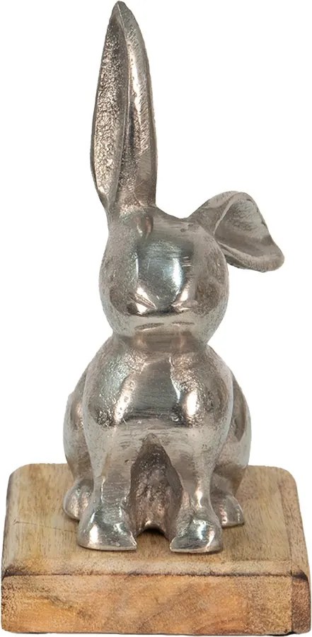 Dekorácia strieborný kovový králik na drevenom podstavci - 11*10*20 cm