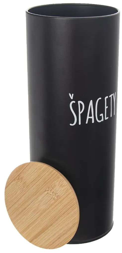Orion Dóza na potraviny, plechová, černá, s bambusovým víkem, ŠPAGETY