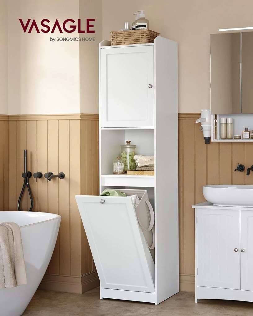 Vysoká kúpeľňová skrinka s košom na bielizeň, odnímateľný kôš na bielizeň, biely