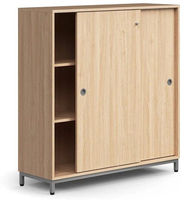 Skriňa s posuvnými dverami QBUS, 2 police, na nožičkách, s madlom, 1252x1200x400 mm, strieborná, dub