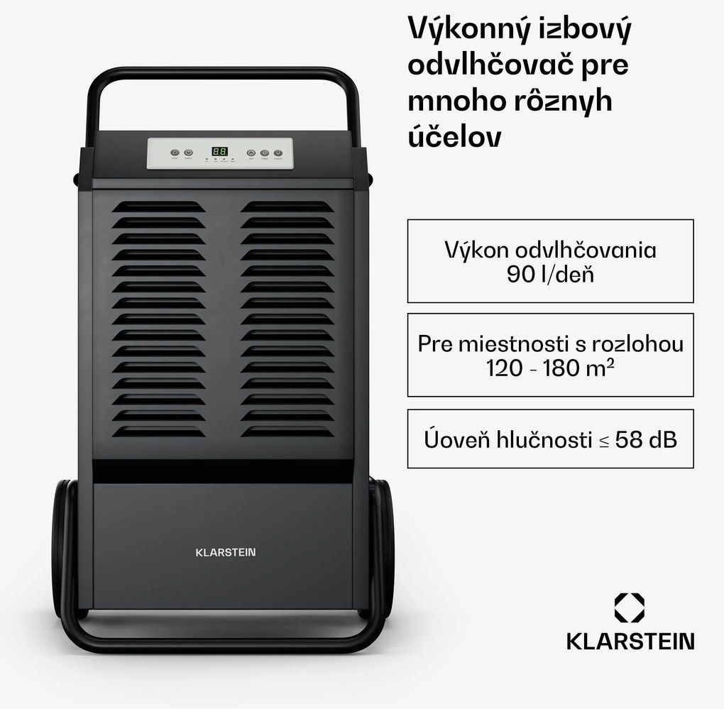 Klarstein DuraDry 90L odvlhčovač vzduchu, 90 l/deň, 120-180 m², nehrdzavejúca oceľ, mobilný, 850 m³/h
