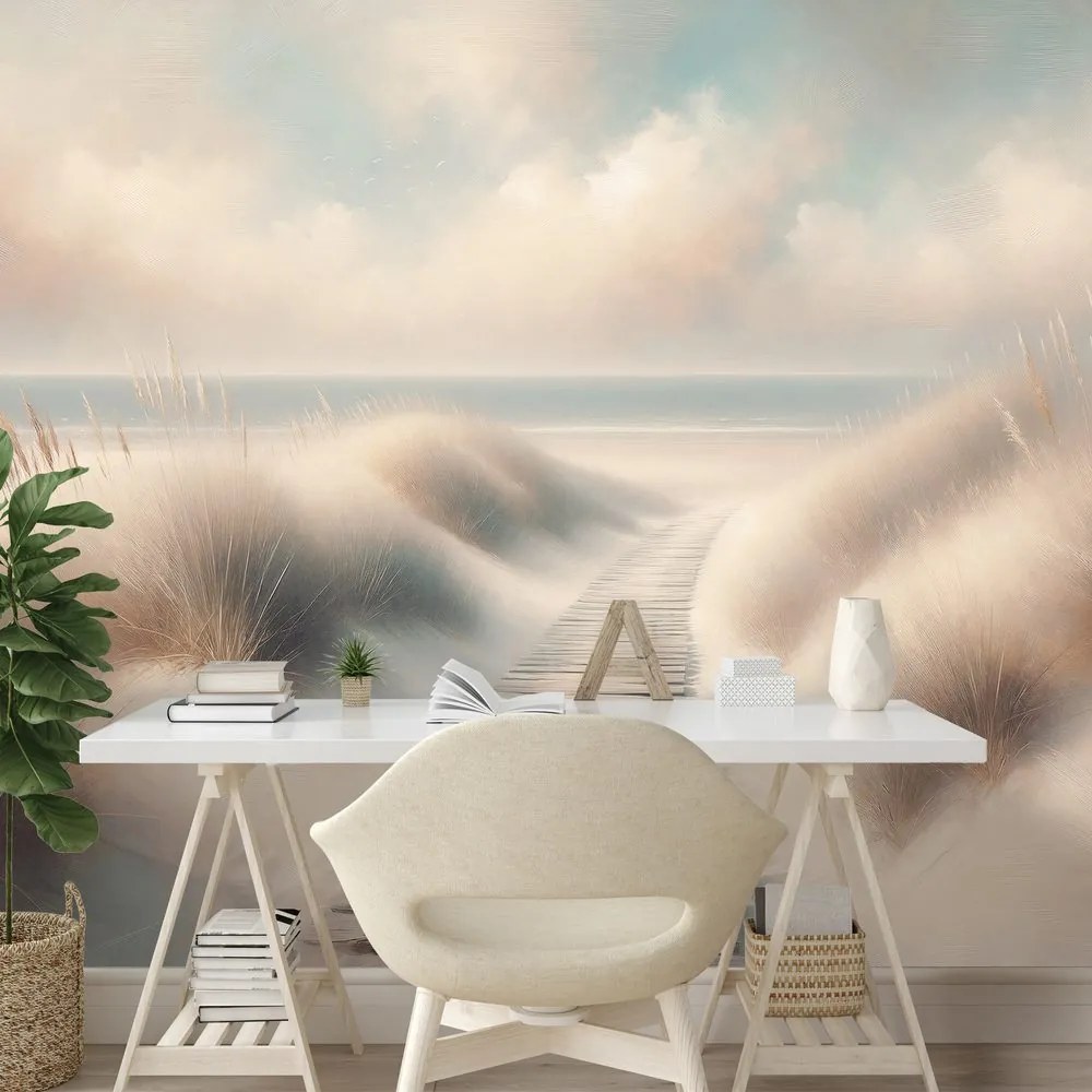 Tapeta piesková pláž s drevenou cestou