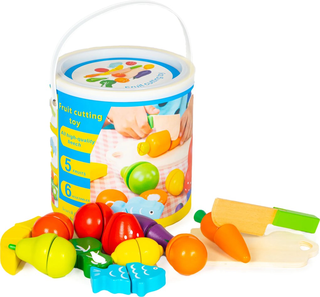 MULTISTORE Drevená súprava ovocia a zeleniny na krájanie – 13 dielov, vedierko, pre deti 3+