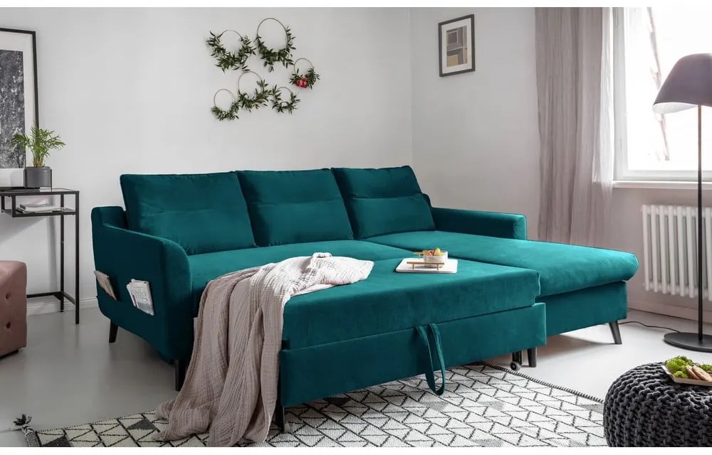 Tyrkysovomodrá zamatová rozkladacia rohová pohovka Miuform Stylish Stan, pravý roh