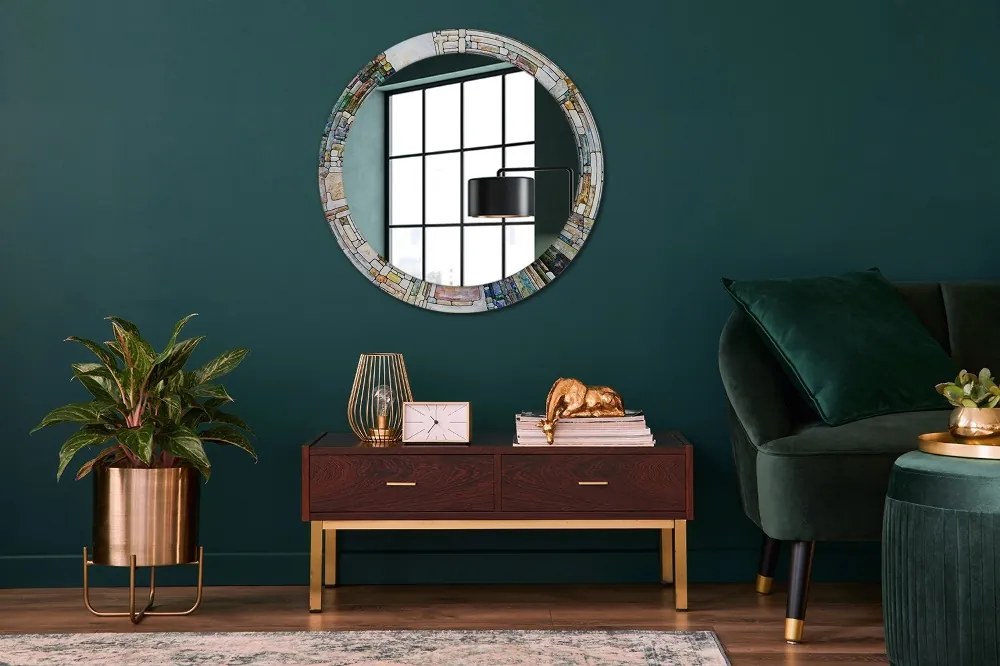 Okrúhle dekoračné zrkadlo s motívom Abstraktné okno z farebného skla fi 80 cm
