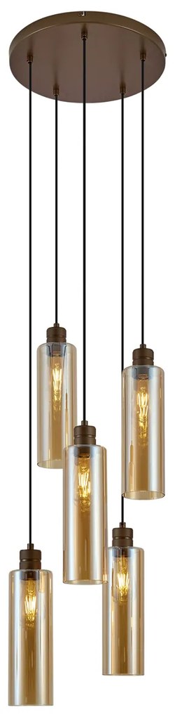 Hotelová elegantná závesná lampa tmavý bronz s jantárovým sklom 5-svetiel - Stavelot