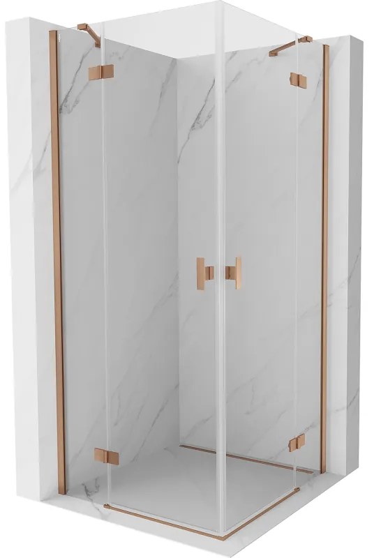 Mexen Mist-H Duo, 2-krídlový výklopný sprchový kút 90 x 90 cm, číre sklo, medený matný profil, 8A5-090L-090P-65-00