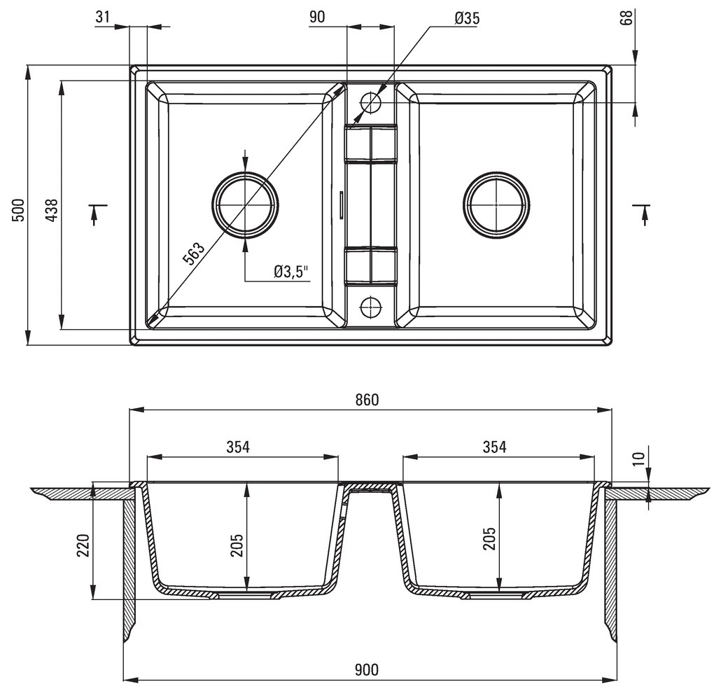 Deante Eridan, granitový drez na dosku 860x500x220 mm B/O, 3,5" + priestorovo úsporný sifón, 2-komorový, grafitová metalíza, ZQE_G203