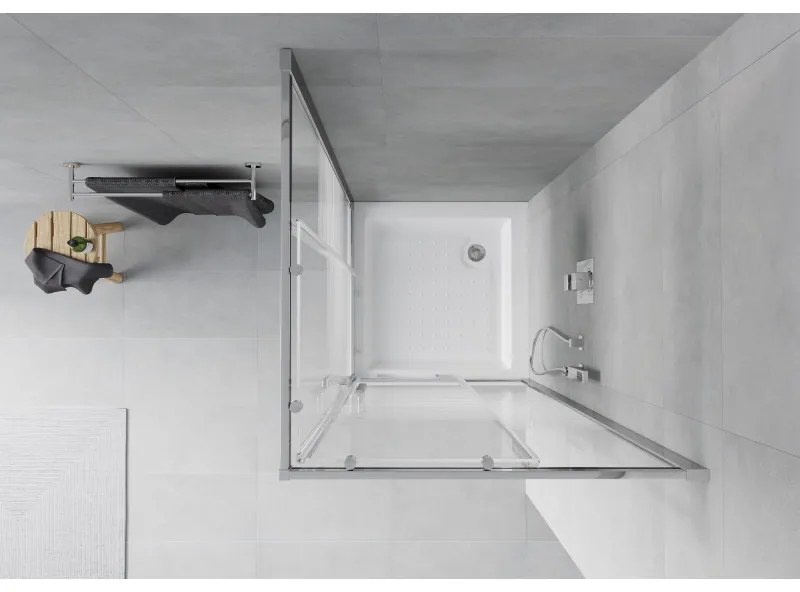 Mexen Rio, štvorcový sprchovací kút s posuvnými dverami 70 x 70 cm, 6mm číre sklo/pásy, chrómový profil + biela vysoká sprchová vanička Rio, 860-070-070-01-20-4510