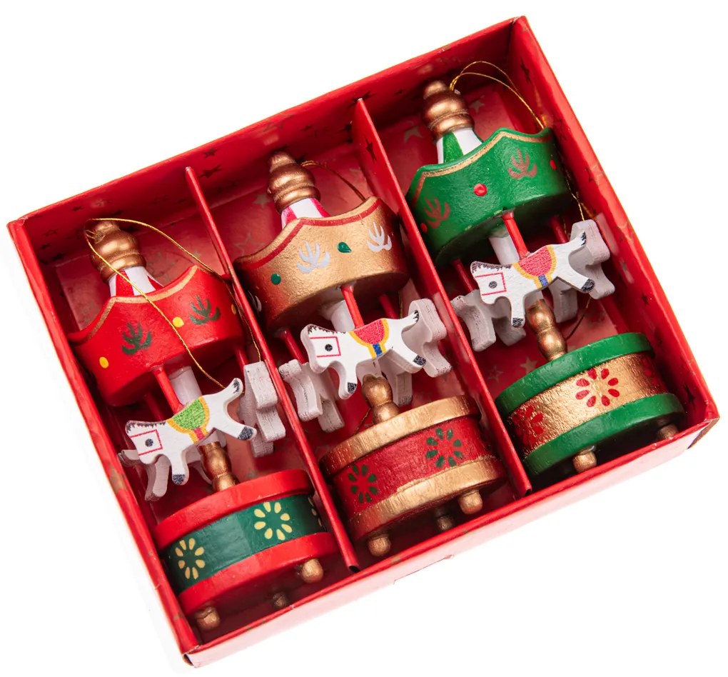 Drevené vianočné ozdoby Kolotoč s koníkmi 8 cm, SET 3 KS