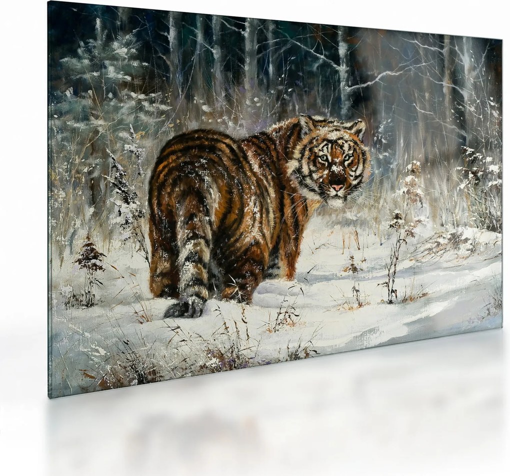 Sklenený obraz - Tiger v zasneženom lese, olejomaľba (70x50 cm)
