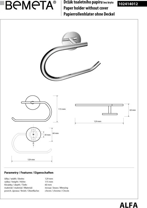 Bemeta Design ALFA: Držiak toaletného papiera, bez krytu - 102414012