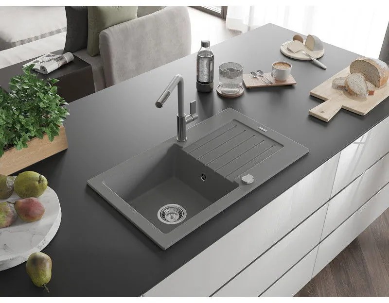 Mexen Pablo, 1-komorový granitový drez 752x436x161 mm a drezová batéria Flora, šedá, 6510-71-670401-06