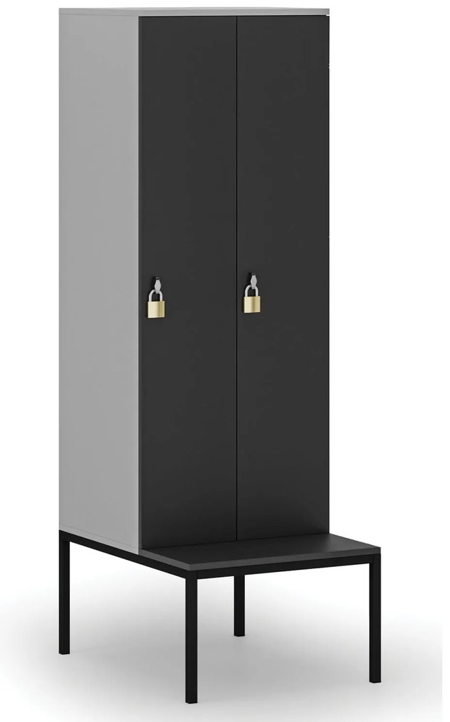 Drevená šatníková skrinka S4 s lavičkou, 2 oddiely, 1871 x 600 x 500/800 mm, demont, otočný zámok, sivá/grafit