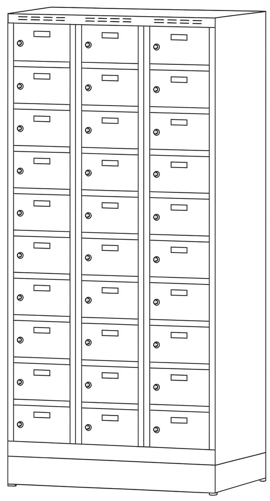 Šatníková skrinka S6 na sokli s úložnými boxami, 30 boxov, 1920 x 900 x 500 mm, otočný zámok, tmavosivé dvere