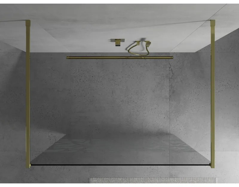 Mexen Kioto, priechodná sprchová zástena 120 x 200 cm, 8mm sklo číre/biely vzor, 2x zlatá stabilizačná rozpera, 800-120-002-50-85