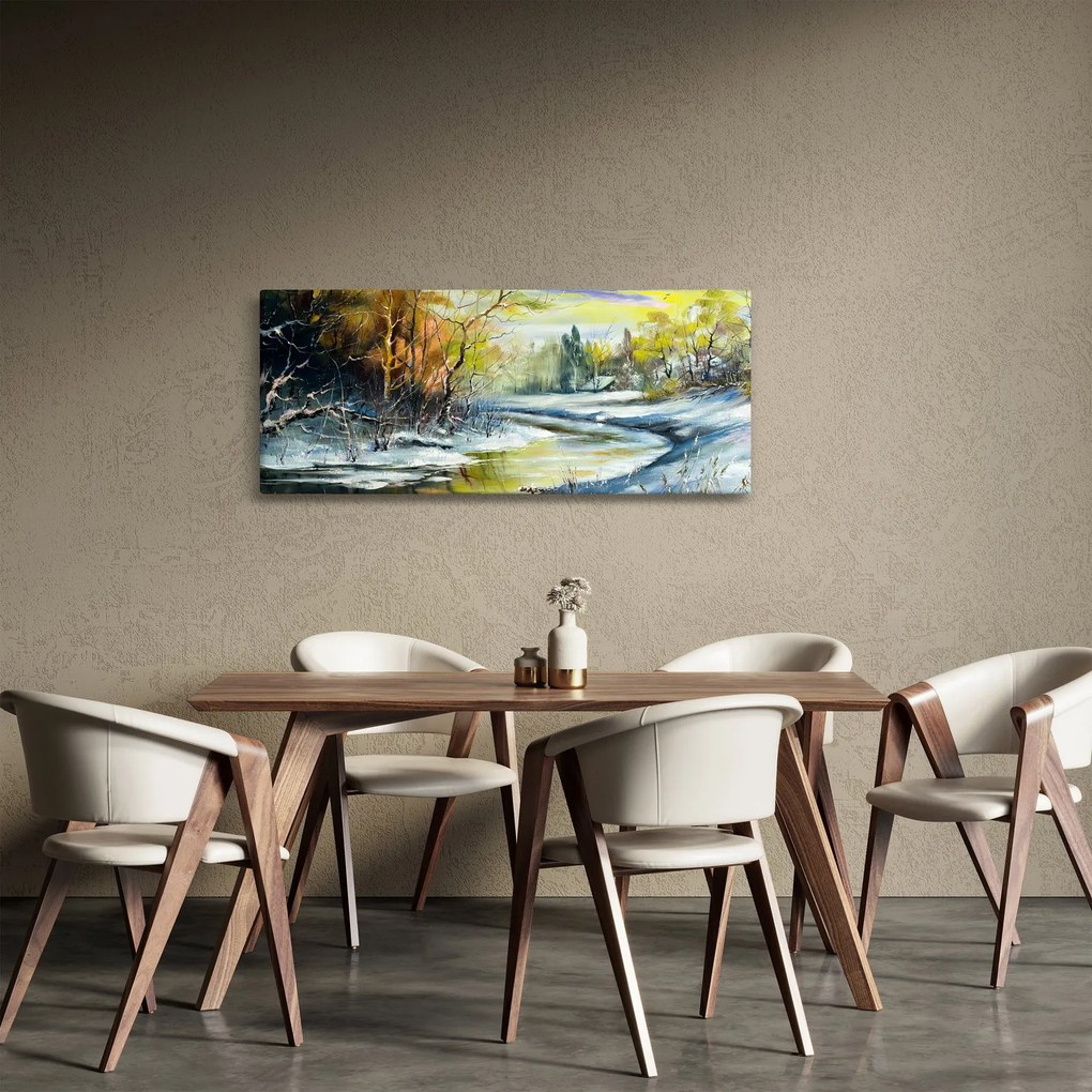 Obraz zimnej rieky, olejomaľba (120x50 cm)