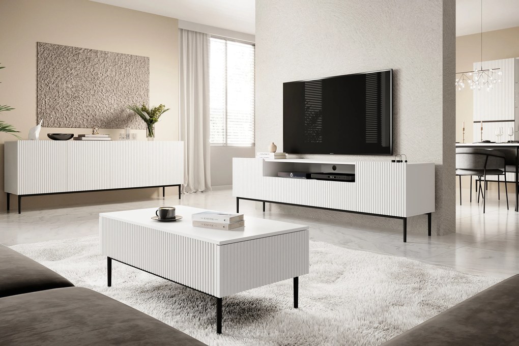 Komoda Nicole 200 cm štvordverová - biely mat / čierne nožičky