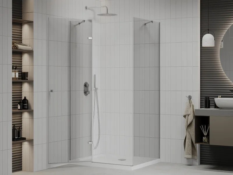Mexen Roma, sprchovací kút 90 (dvere) x 70 (stena) cm, 6mm číre sklo, chrómový profil + slim sprchová vanička 5cm, 854-090-070-01-00-4010
