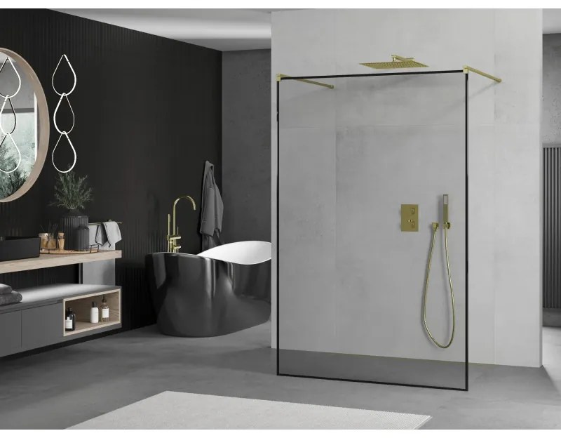 Mexen Kioto, sprchová zástena Walk-In 160 x 200 cm, 8mm sklo čierny vzor, zlatý lesklý profil, 800-160-002-50-70