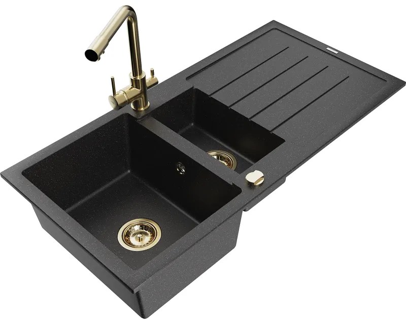 Mexen Andres, granitový drez 1000x500x200 mm, 1,5-komorový + zlatá batéria Duero, čierna-strieborná metalíza, 6515-73-671600-50