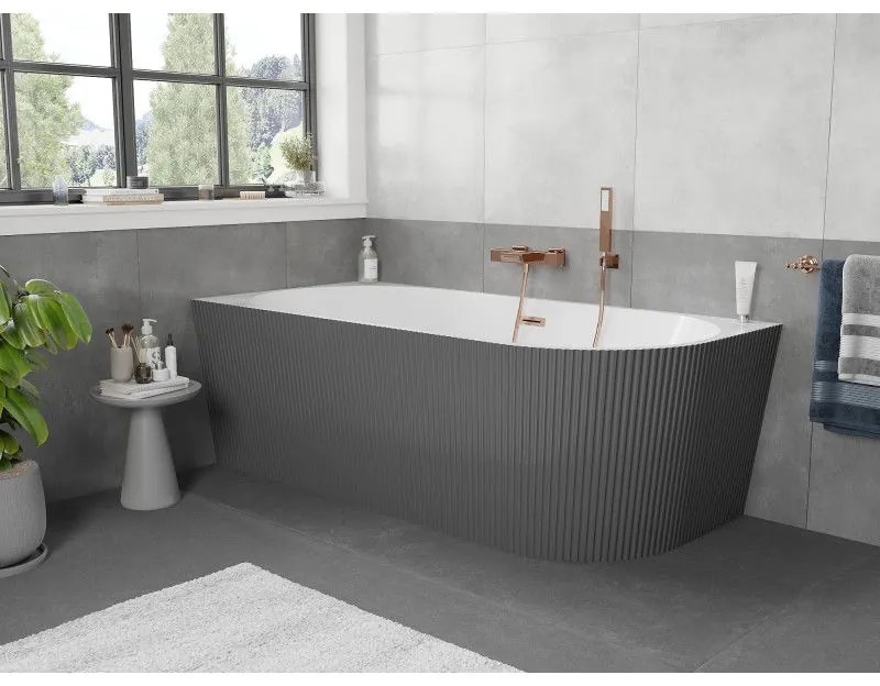Mexen Silo, rohová voľne stojaca ryhovaná vaňa, ľavá, 150 x 75 cm, biela-šedá, medený matný prepad, 52891507562L-65